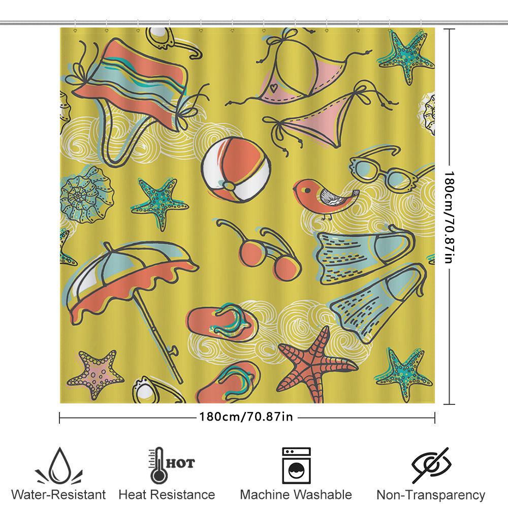 Summer-themed shower curtain with beach accessories perfect for adding a touch of fun to your bathroom