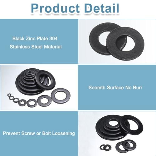 uxcell 100pcs M2 Stainless Steel Flat Washers, 2.2mm ID x 5mm OD x 0.3mm Thick, Black Zinc Plated Metal Washers for Screws and Bolts