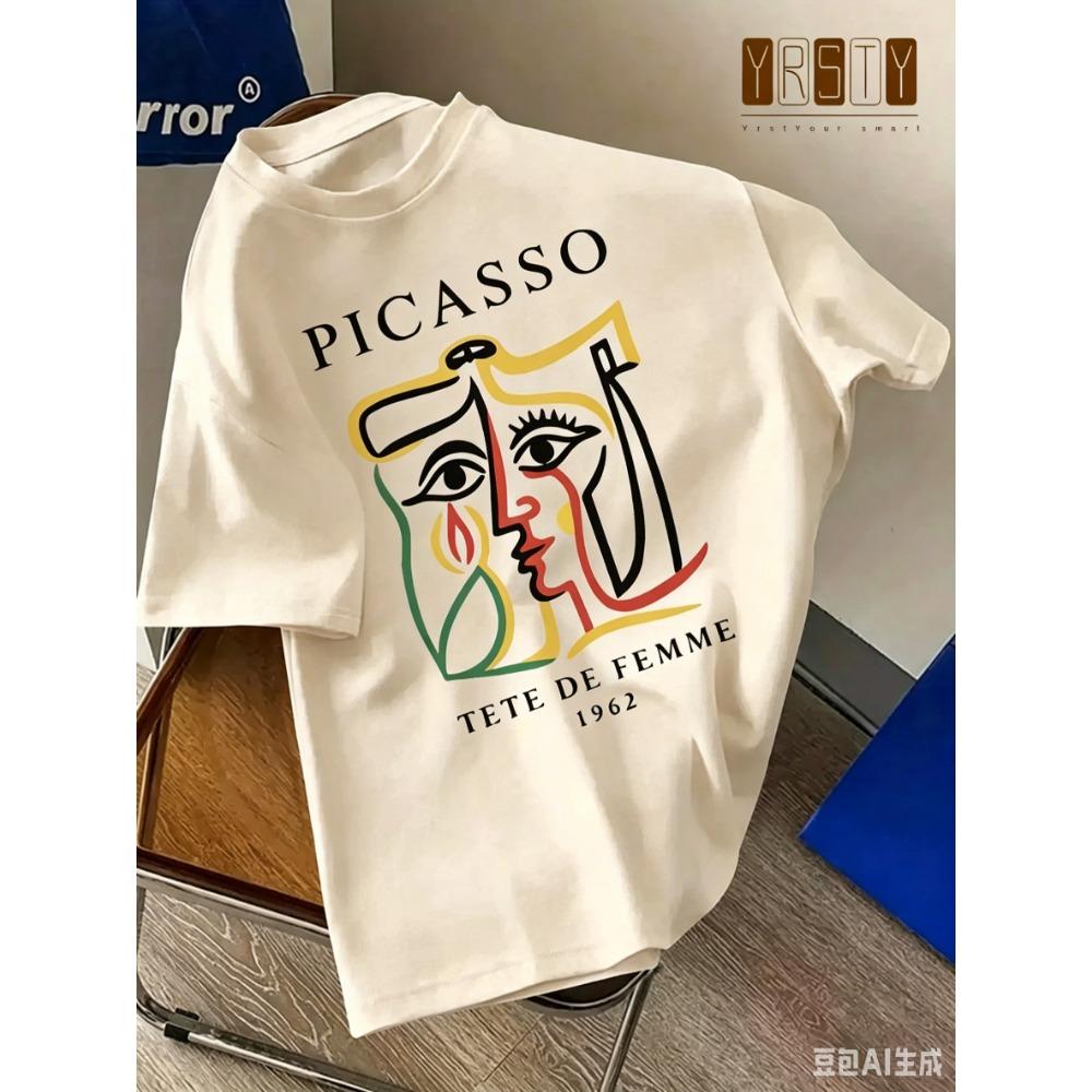 Mens Picasso Woman Head Portrait Print T-Shirt Cotton Loose-Fitting Outdoors Short Sleeve Street