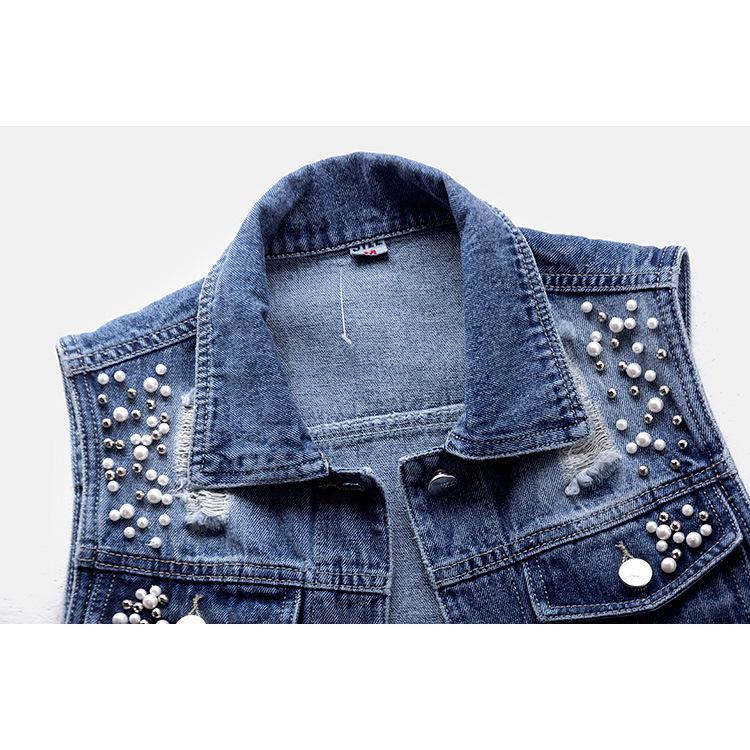 Women Denim Vest Pearls Spring Autumn Jeans Jacket Sleeveless Loose Short Coat Waistcoats Streetwear Female