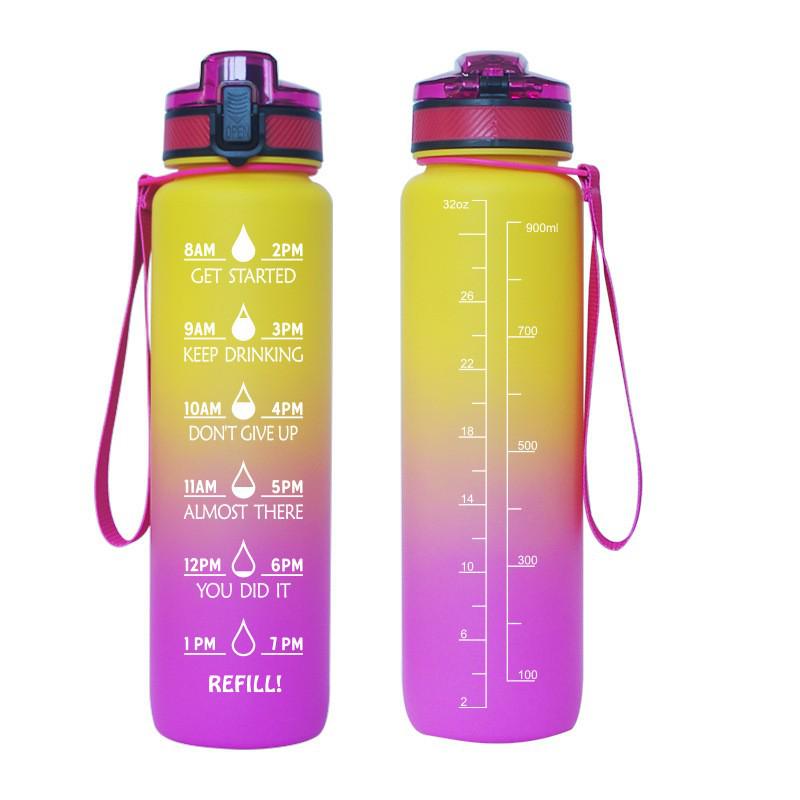 Tritan Frosted 1000ml Plastic Water Bottle with Time & Capacity Scale, Portable Handle