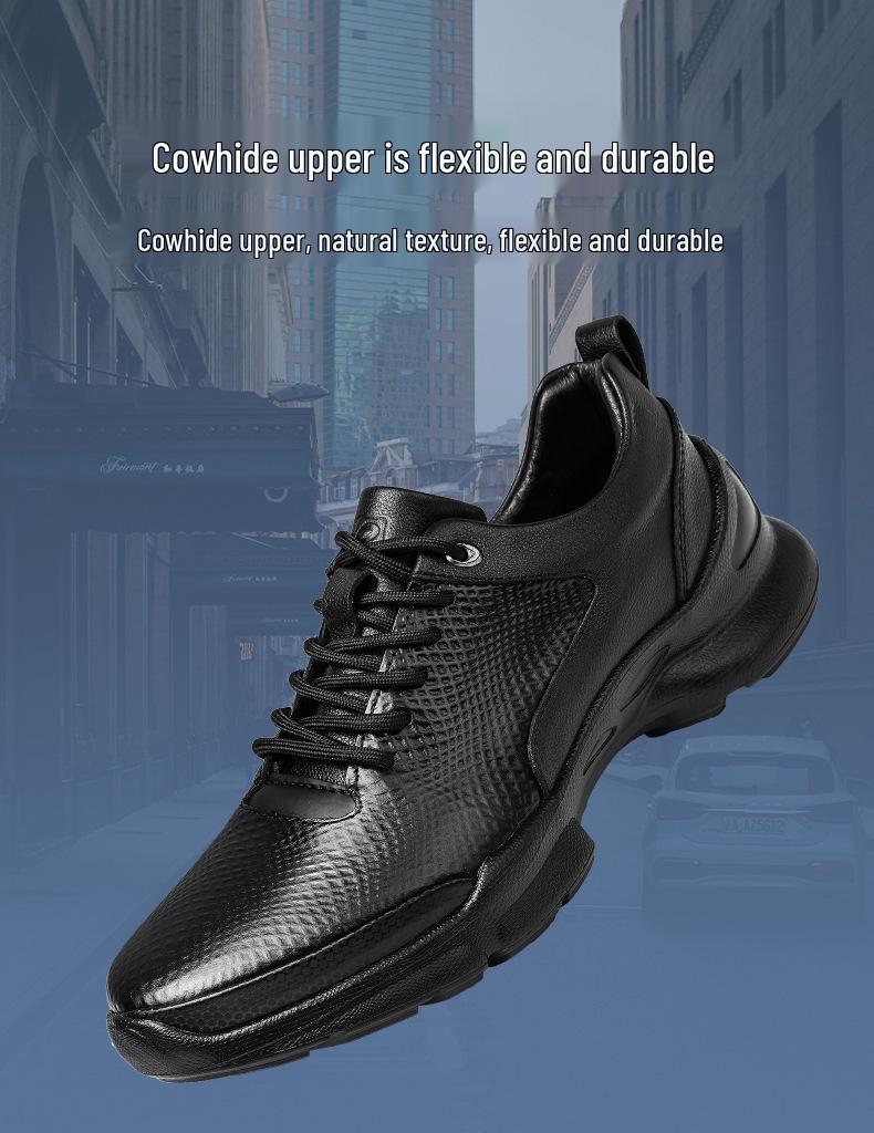 Men's 8CM Height Increase Casual Breathable Non-slip Leather Running Shoes, Thick Sole, Solid Color.