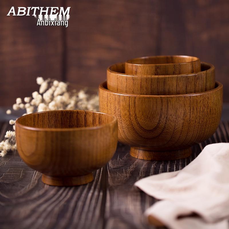 Japanese Jujube Wood Bowl for Adults & Kids, Solid Wood Noodle Bowl, Versatile Home Tableware