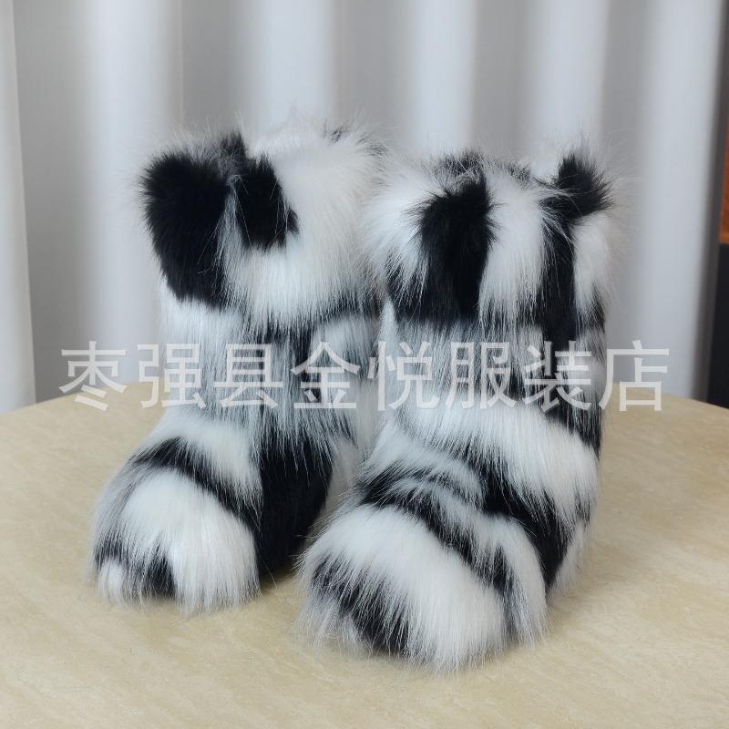 Fox Fur Snow Boots Autumn and Winter Warm and Cold Thickened Medium Tube Imitation Fur Boots Fashion Wool Boots