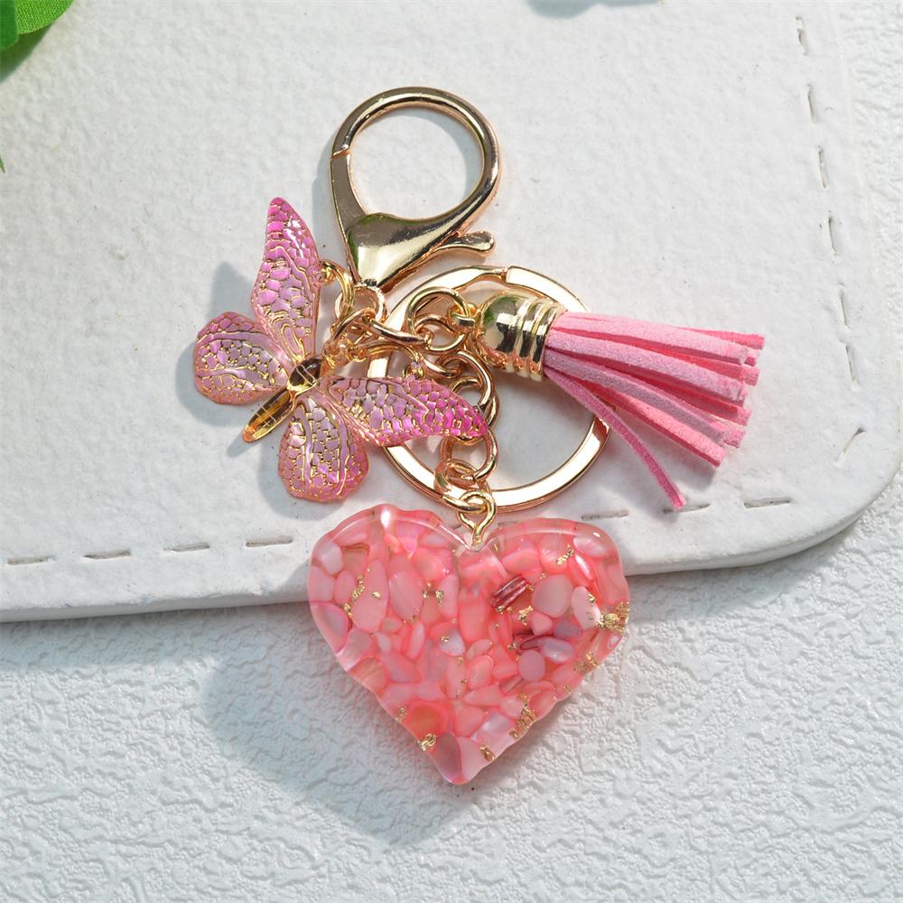 Exquisite Heart Charms Keychains With Butterfly Tassel Shiny Sequin Filled Resin Keyrings Women Bag Ornaments Car Trinket Gifts