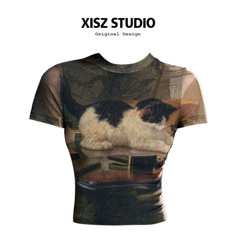 

Waist-Tight Elastic Women s Summer Half Turtleneck Kitten Print Coffee Color [High Quality Version] S