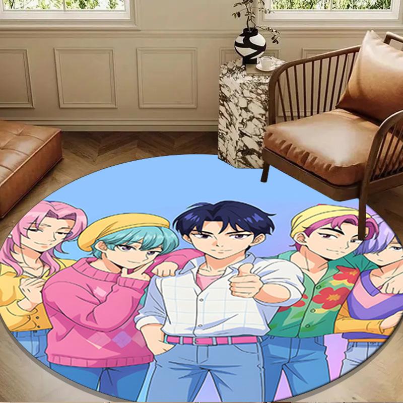 Colorful Kpop Cartoon Round Rug for Livingroom,Bedroom, Palyroom, Chair Rug, Area Rug, Circle Carpet, Large Size Fan Christmas Gift