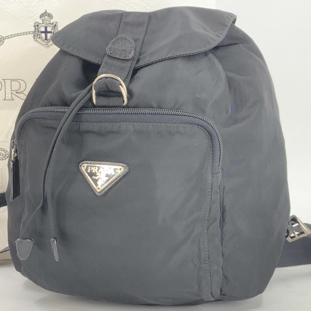 PRADA Tessuto Nylon Backpack Rucksuck Daypack Drawstring Leather B4650F Black Triangle Logo Plate