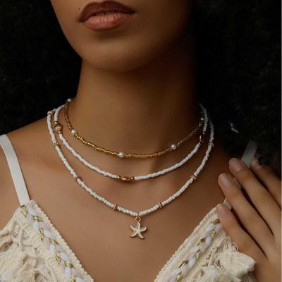 Europese & Amerikaanse Zeester Schelp Kralen Ketting Set - Veelzijdige Zomer Strand Sieraden, 3-Delig Geometrisch Ontwerp.