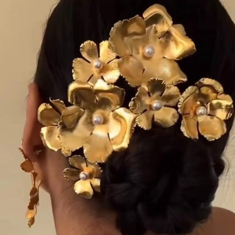 

Pearl Flower Court Style Hairclip Gold Hair Accessory Retro Hair Comb For Women L