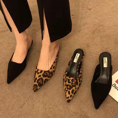 Fashion Pointed Toe Leopard Slippers Women Low Kitten Heel Flock Summer Slides Shoes Sexy Leopard Sandals Slingback Pumps Slippers Women