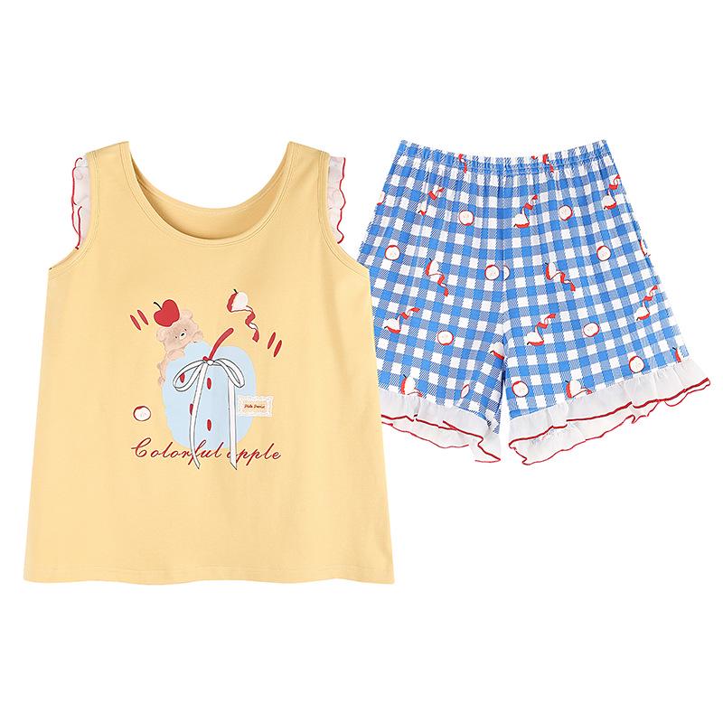 2026 Women's Summer Cotton Pajama Set with Built-in Bra, Cute Cartoon Tank Top & Shorts for Indoors and Outdoors