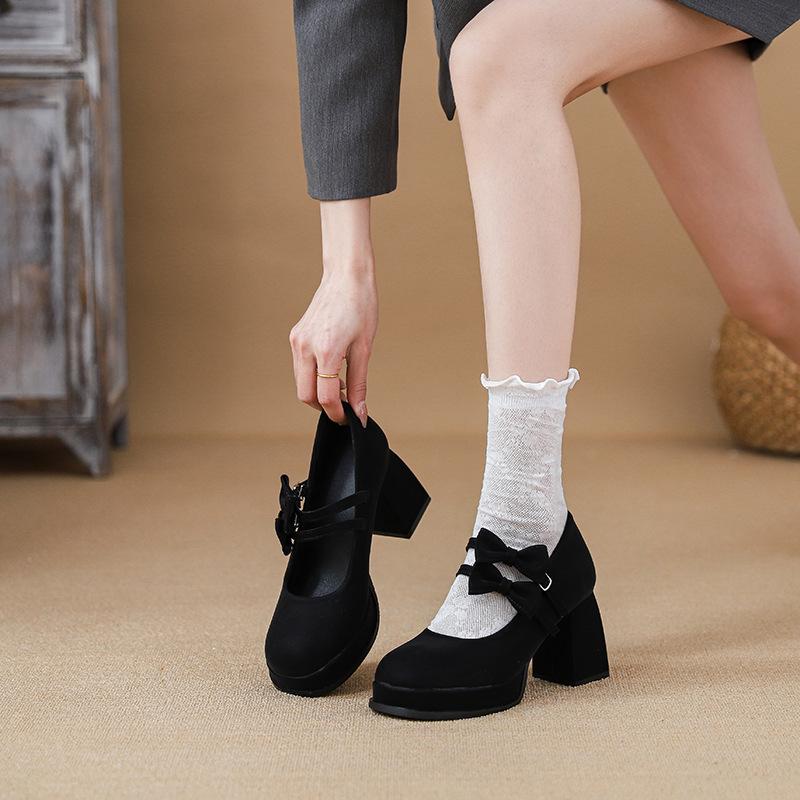 

inner height increase bow Mary Jane shoes women s new thick heel shallow mouth temperament waterproof table high heel single shoes 38