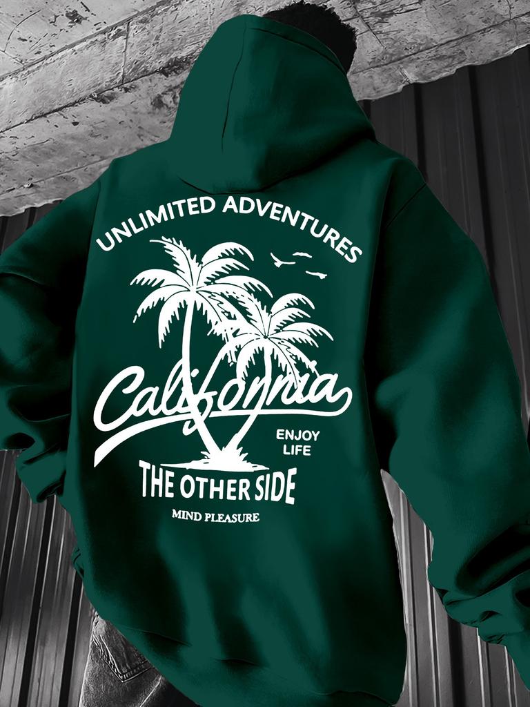 Vacation Style Hip Hop Sweatshirt For Men, California Seaside Scenery Letter Slogan Back Design, Soft Skin Friendly Daily Sports Hoodie