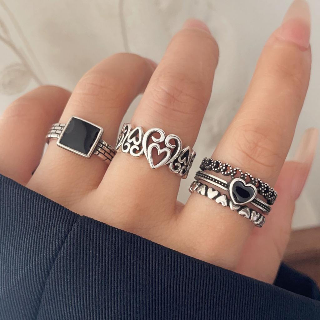 925 Sterling Silver Rings For Women Geometric Fine Jewelry Finger Adjustable Black Heart Stone Ring For Party Birthday Gift