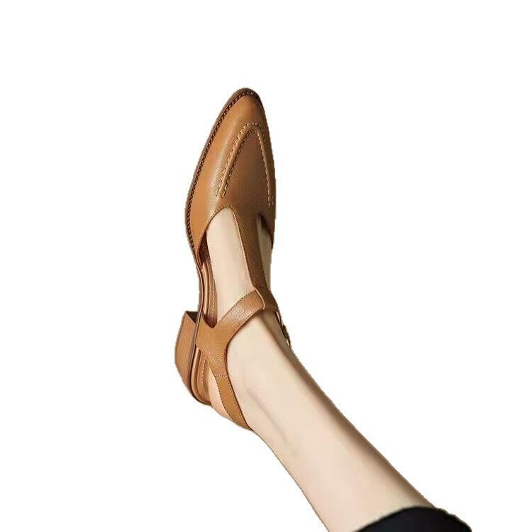 Retro Bag Head Sandals Women's 2025 Spring and Summer New Pointed T-shaped Shoes Thick Heel Soft Leather Hollow Simple Single Shoes