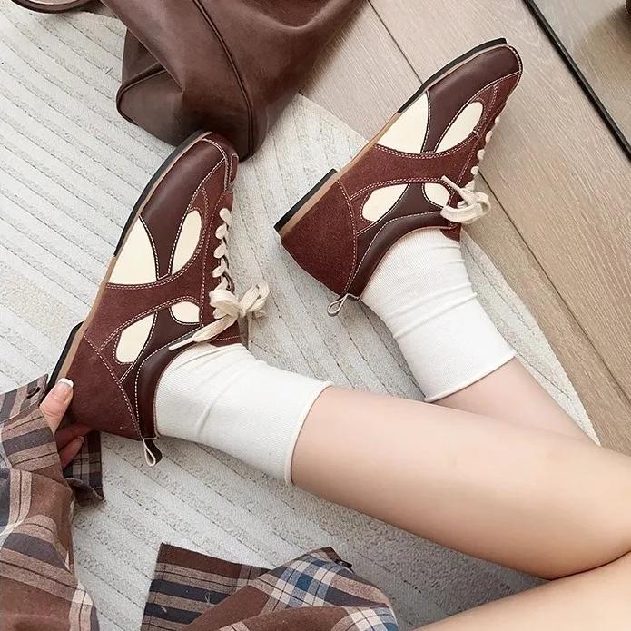 Fashion Women's Sneakers Thin-soled Designer Shoes New Wine Red Retro Cow Leather Splicing Design Walking Shoes Skeleton Correction 40