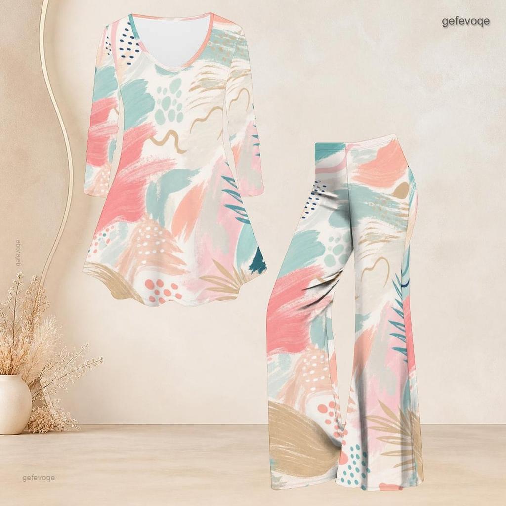 Women Plus Size V Neck Three Quarter Sleeve Printed Flared Top Flared Pants Two Piece Set
