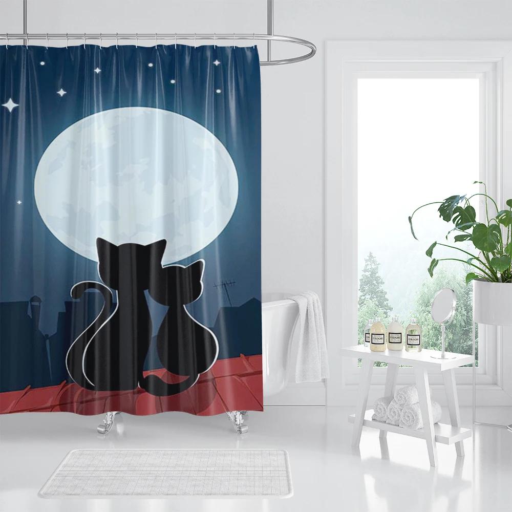 Three Funny Naughty Black Cat Shower Curtain Scratching The Wall With His Paws Fabric Bathroom Decor Set Hooks White And Black