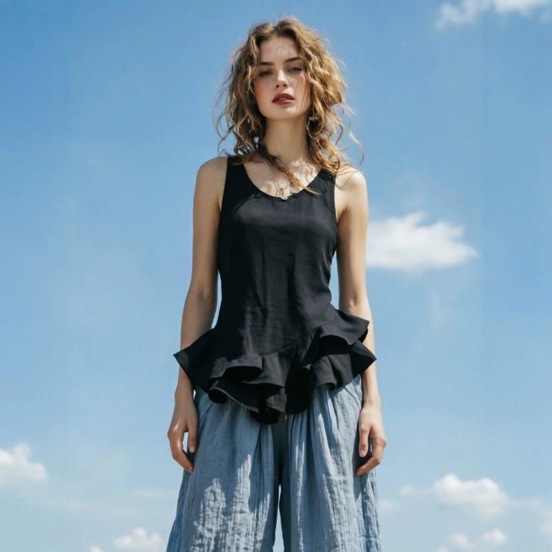 Women Ruffle Hem Tank Top Sleeveless Round Neck Casual Solid Color Flowy Peplum Blouse