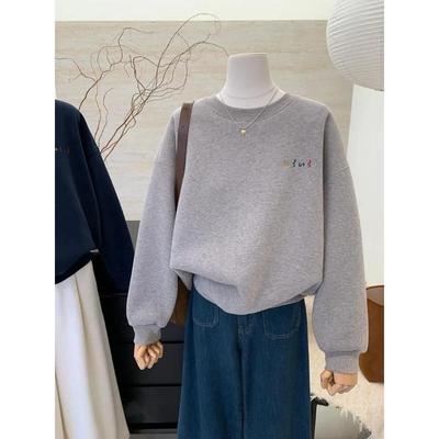 Autumn and Winter Korean Style Embroidered Thickened Velvet Warm Loose Round Neck Pullover Sweatshirt for Women