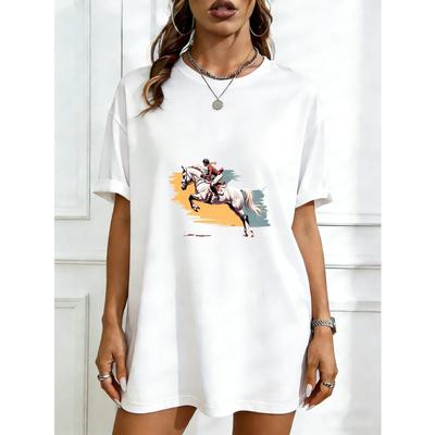 Abito Maglietta Oversize Nero Stampa Grafica Equitazione Abbigliamento Casual Per Donna