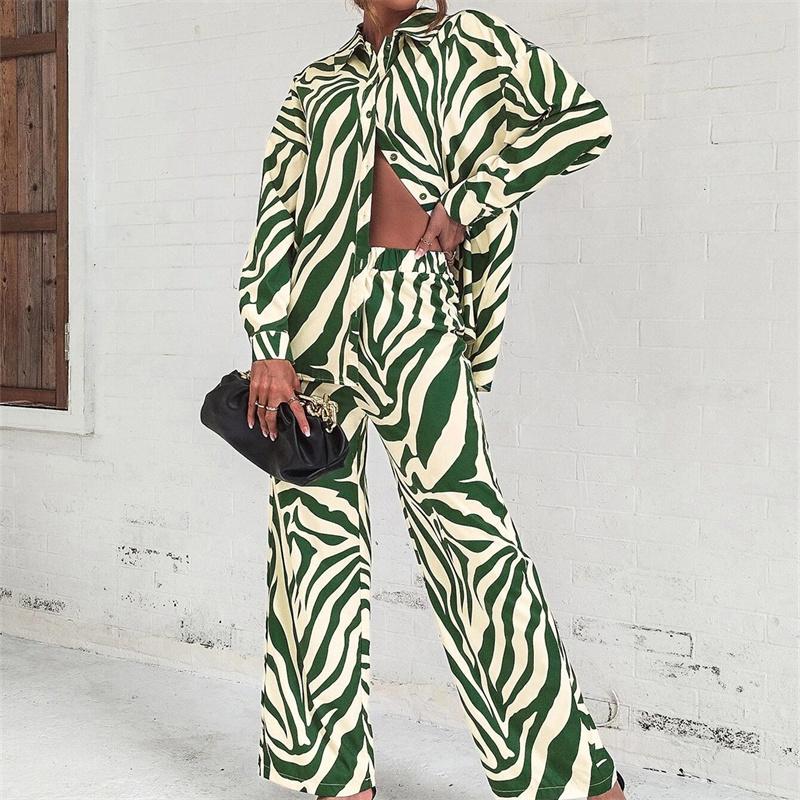 Autumn Elegant Long Sleeve Top And Elastic High Waist Trousers Suit Trouser Suits Loose Stripe Women Shirt Pants Two Piece Set