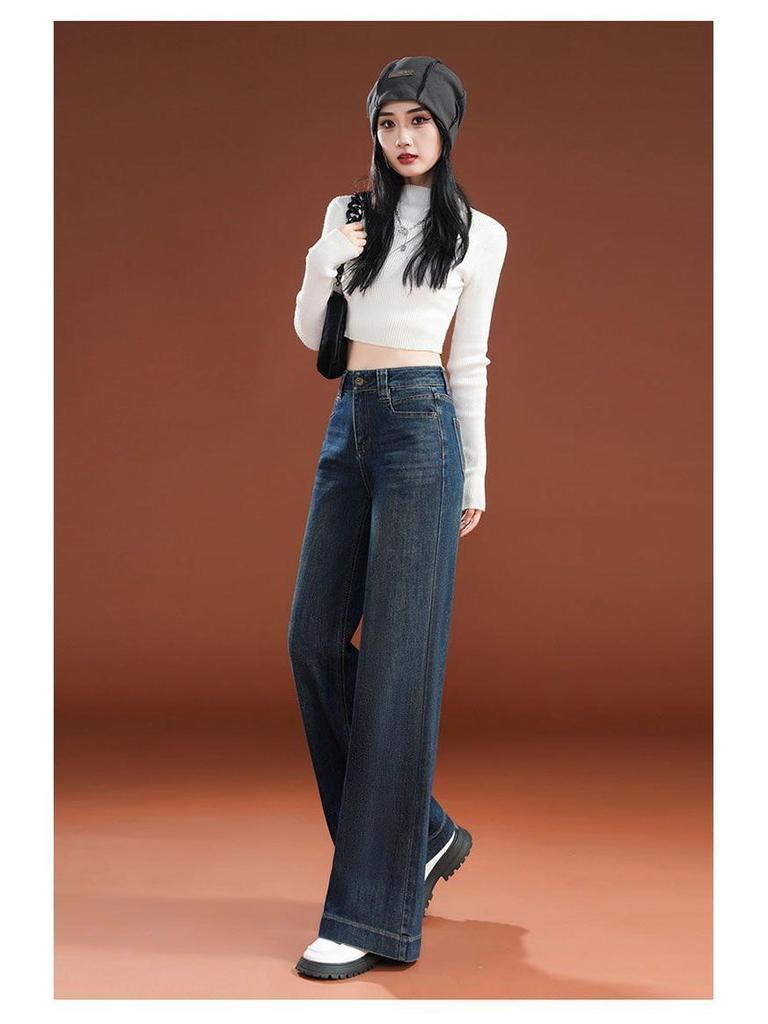 Women's Retro Wide-Leg Jeans: High-Waisted, Fleece-Lined, Slimming, Loose Fit, Floor-Length, for Autumn/Winter 2025