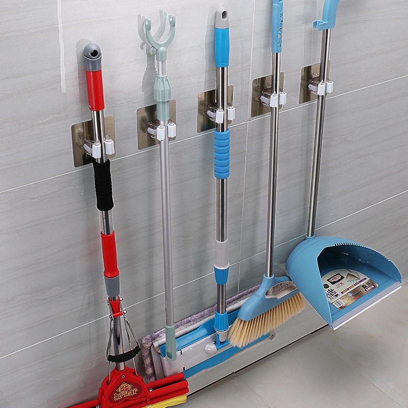 Wall-mounted Punch-Free Mop Rack for Bathroom Storage with Strong Hooks. Efficiently Hang and Store Mops.