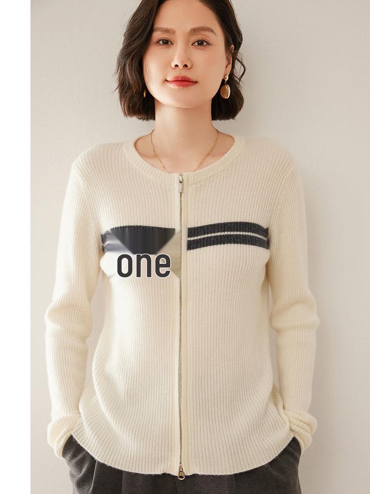 Color-Block Patchwork Cashmere Cardigan - Women's Autumn/Winter 2025 Ribbed Long Sleeve Knit Top