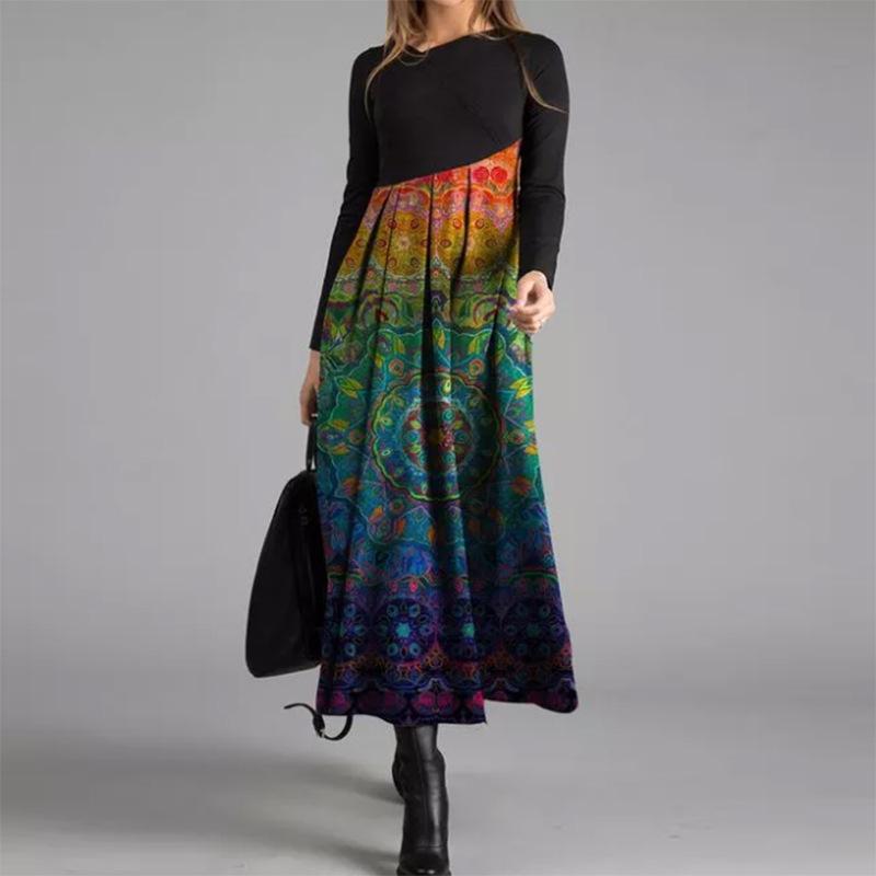 Women Color Block Floral Print Long Sleeve Maxi Dress Casual Loose A Line Long Dress S-XXXL