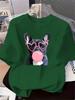 Wearing Pink Heartshaped Glasses And Blowing Pink Bubble Gum Bullfighting Dog Pattern Womens Clothing New Womens Tshirt