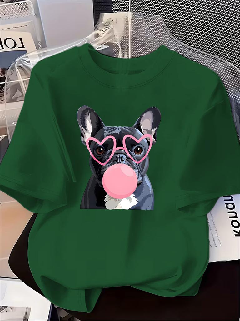 Wearing Pink Heartshaped Glasses And Blowing Pink Bubble Gum Bullfighting Dog Pattern Womens Clothing New Womens Tshirt