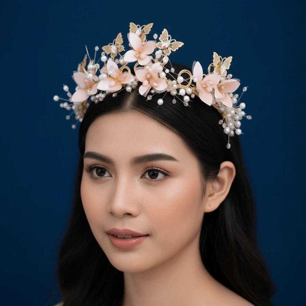 Vintage Butterfly Crown Headwear Elegant Princess Rhinestone Tiara Trendy Pink Floral Crown  Women