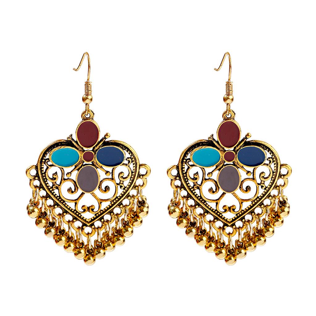 New Ethnic Gold Color Indian Jhumka Earrings for Women Pendient Heart Shape Beads Tassel Earring 2023 Vintage Brincos Zircon