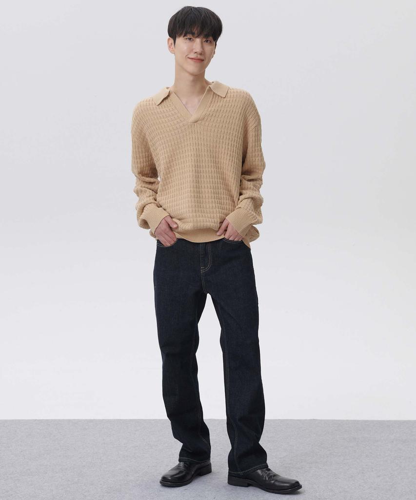 PLAC Waffle Long Sleeve Collared Knit Beige