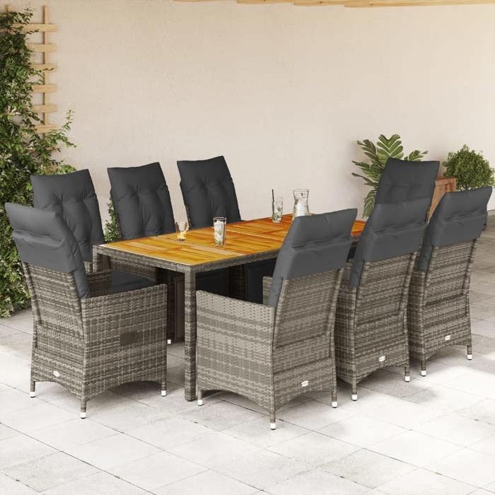 VidaXL Ensemble de bistro de jardin 9 pcs coussins gris poly rotin, ensemble de bistro de jardin, ensemble de balcon, 3276890