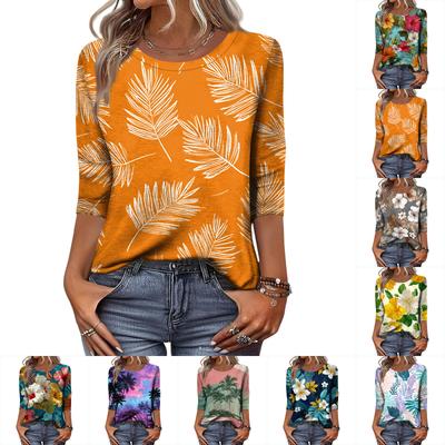 Women's Fashionable Casual Round Neck Three-quarter Sleeve Hawaiian Print T-shirt Top