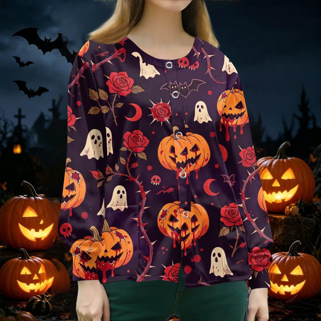 Women's Halloween Print Scrub Long Sleeve Cardigan Button Down for Casual Daily Wear