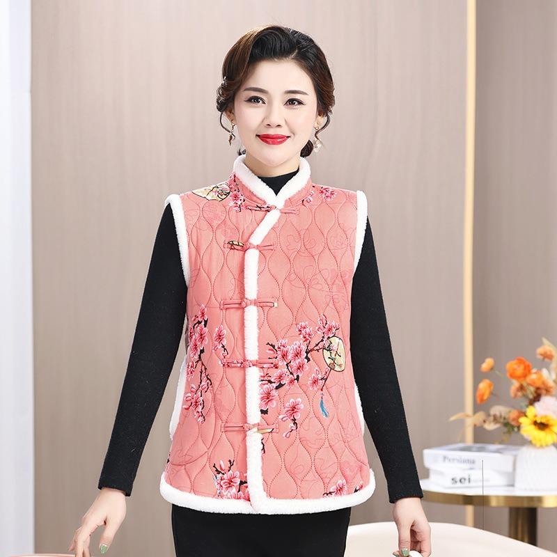 Women's winter thickened large flower padded jacket improved vest disc buckle warm festive vest