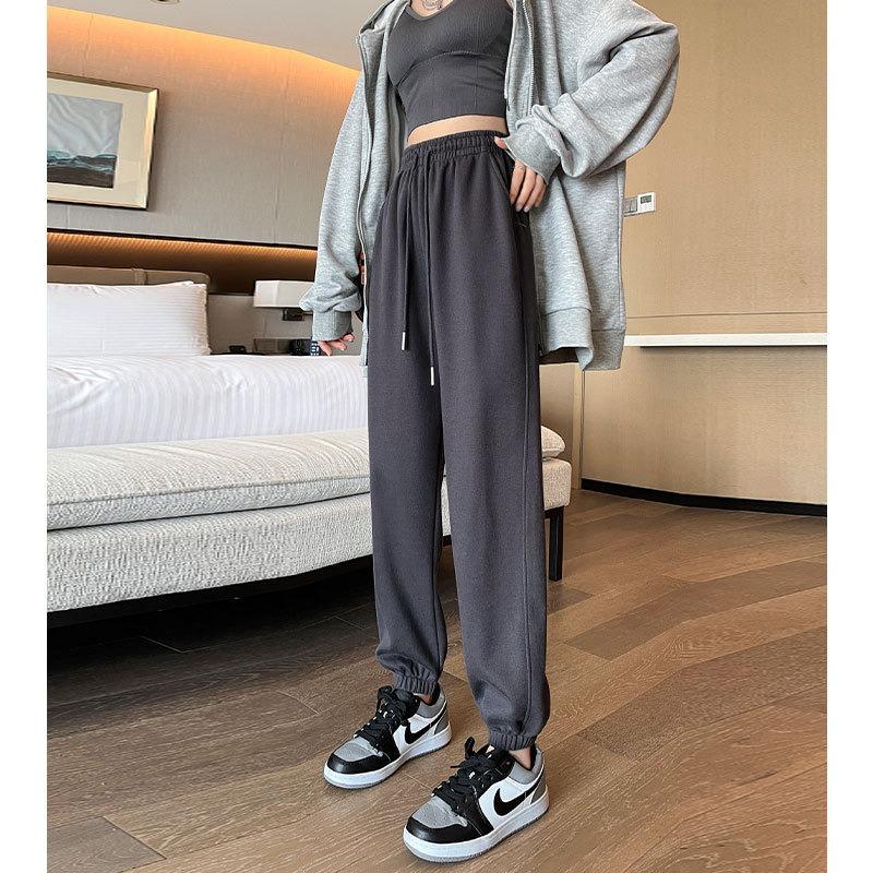 Black Sweatpants Women's Spring and Autumn New Straight Sweatpants Loose and Lazy Casual Tied Feet Small Wide-leg Pants