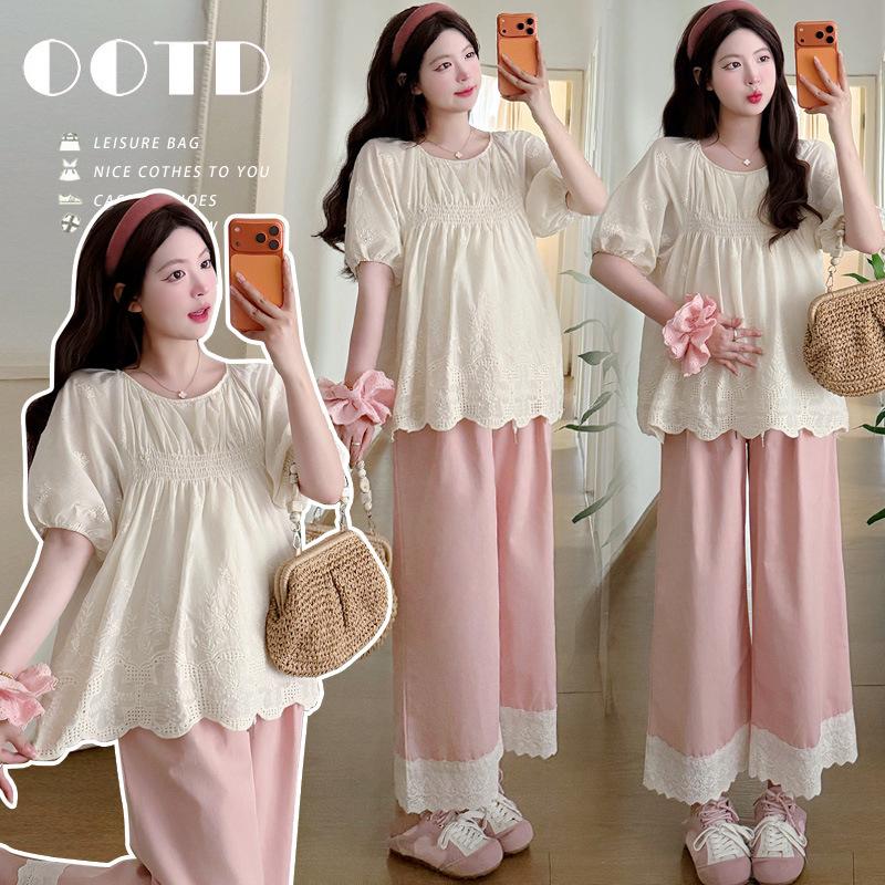 New Summer Korean-Style Maternity Two-Piece: Loose French Lace Doll Shirt + Lace Splicing Wide-Leg Pants 2XL