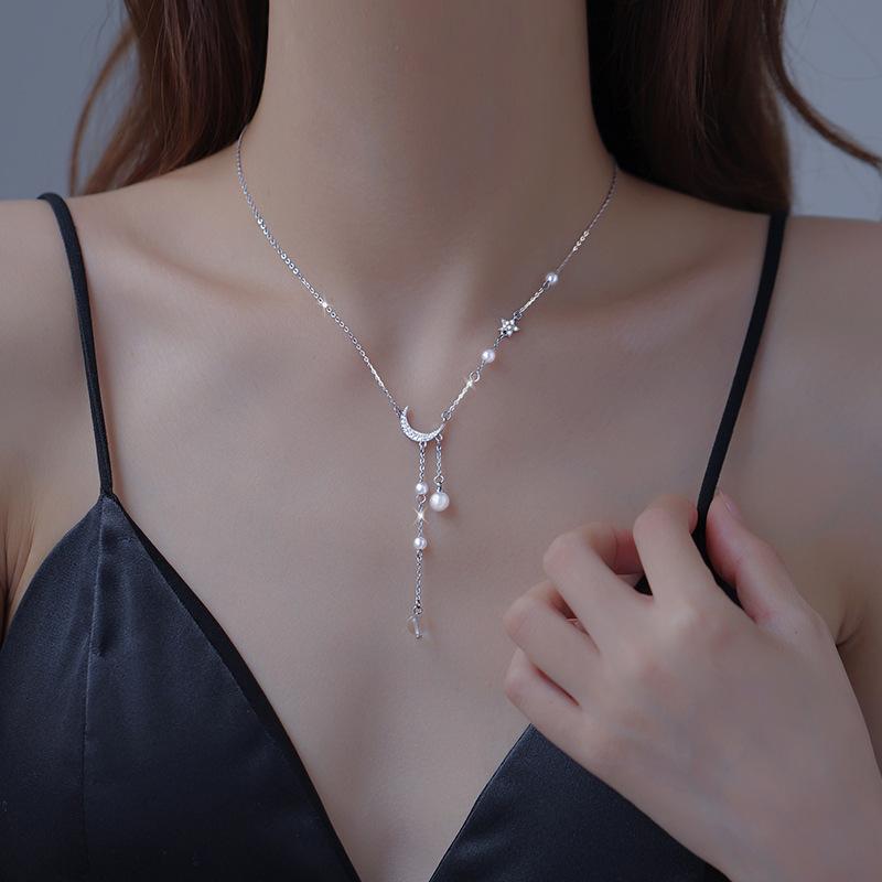 New 925 Silver Star Moon Necklace Pearl Tassel Collarbone Chain Sparkling Zircon Pendant Wedding Jewelry Accessories