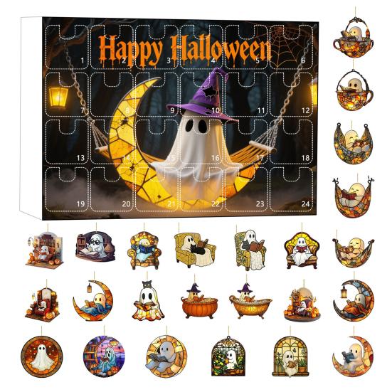 2025 Halloween 2D Ghost Reading Ornament Countdown Set 24 Days Advent Calendar Stained Glass Window Hanging Suncatchers for Home Decor