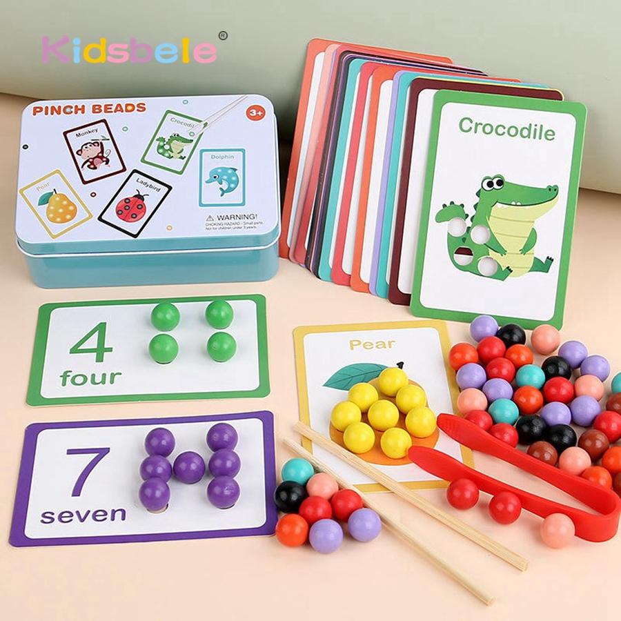Clip On Beads Wooden Bead Color Sorting Toy Cartoon Matching Board Game Early Learning Mathematics Educational Toy For Toddlers