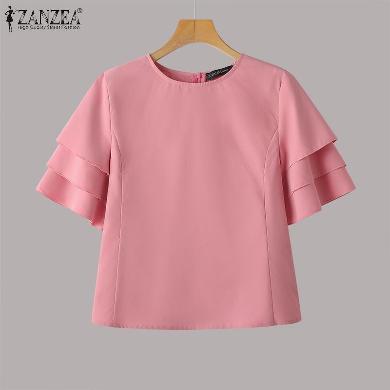 ZANZEA Womens Casual Summer Round Neck Short Sleeve Blouse