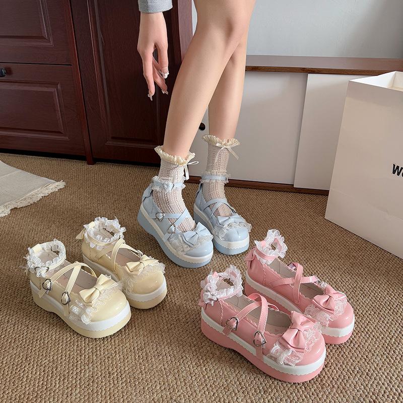Sweet and cool muffin platform small leather shoes women's 2025 new summer Japanese bow Mary Jane lolita single shoes