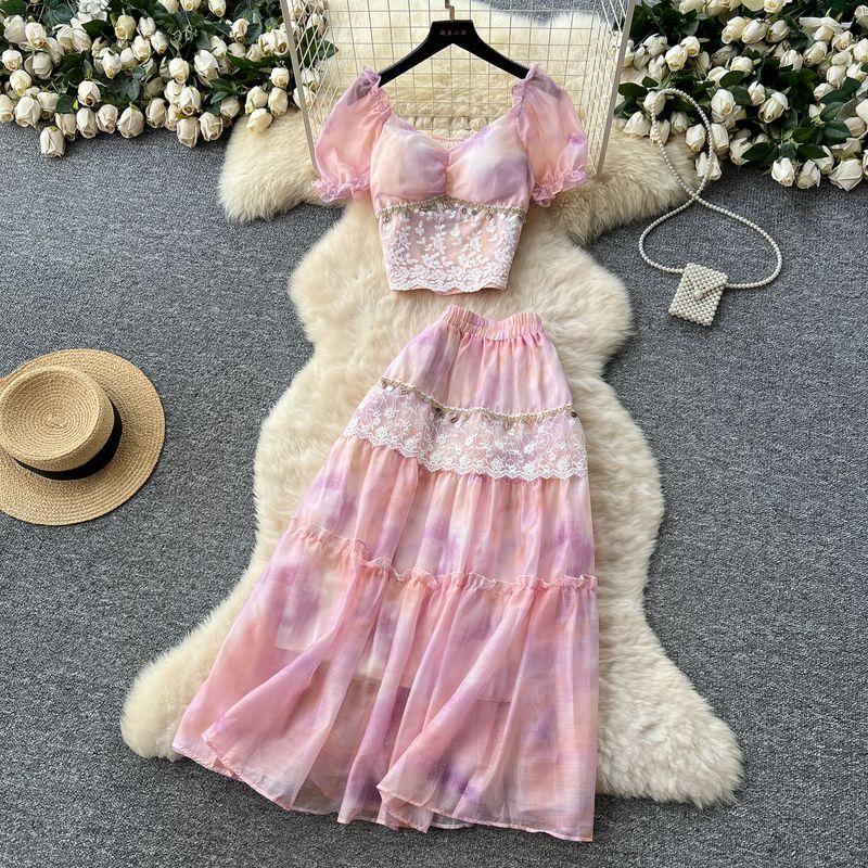 

French style Palace Style Puff sleeve Top + Elastic Waist Lace Patchwork Blooming Sweet Atmosphere Beautiful Set Pink purple S