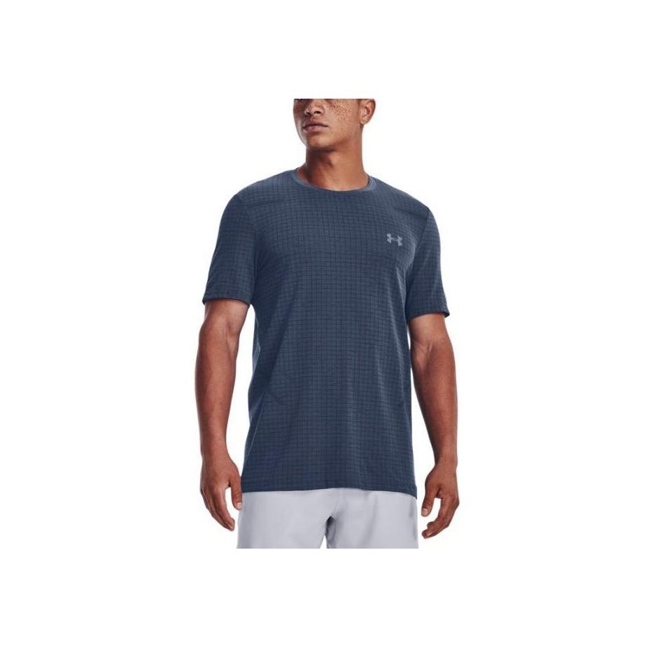 Under Armour Checkered Print Crew Neck Short Sleeve Athletic T-Shirt Men Tops Blue 1376921-044