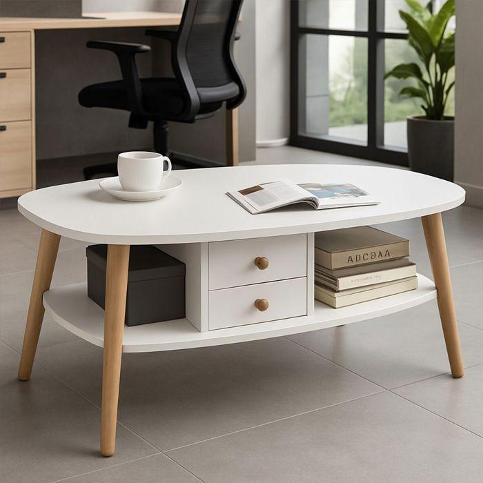 Stolik kawowy - Divit CM16 - Biały - 2 szuflady & półka - Blat 15 mm